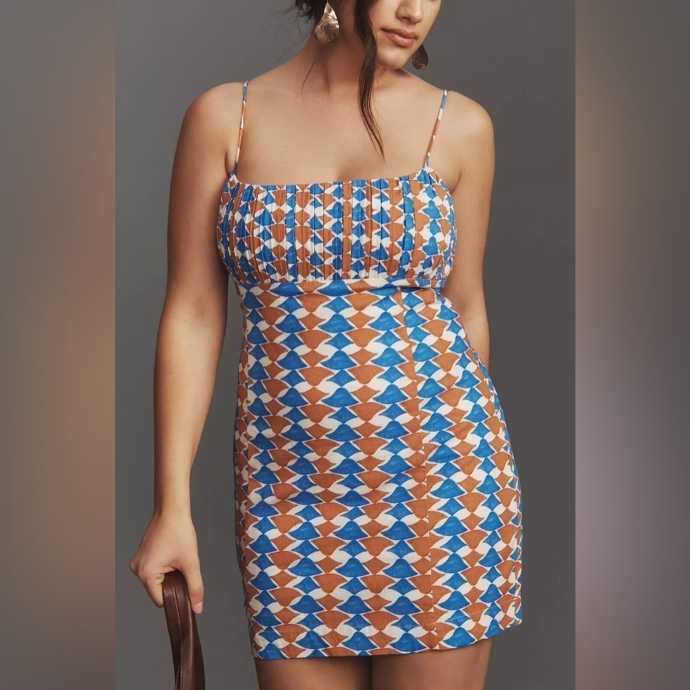 Maeve by Anthropologie Geometric Print Linen Blend Summer Dress Size 12 Festival